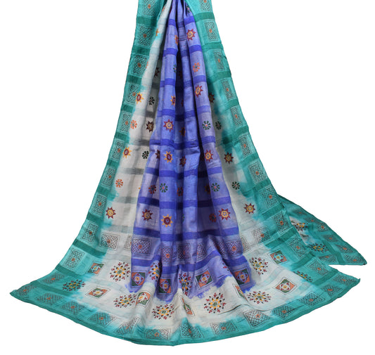 Sushila Vintage Blue Dupatta Pure Tussar Silk Hand Embroidered Long Stole Wrap