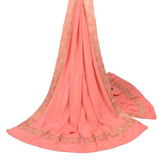 Sushila Vintage Salmon Pink Dupatta Pure Chiffon Woven Floral Long Stole Veil