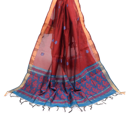 Sushila Vintage Floral Woven Dupatta Pure Cotton Silk Red & Blue Long Stole