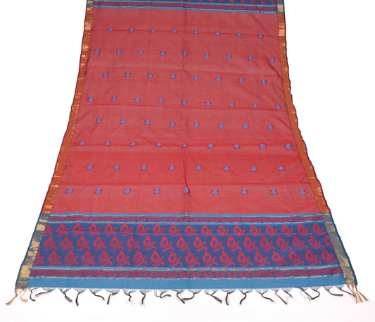 Sushila Vintage Floral Woven Dupatta Pure Cotton Silk Red & Blue Long Stole