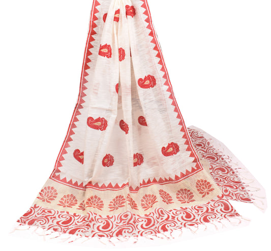 Sushila Vintage Paisley Embroidered Dupatta Art Cotton Silk Cream Long Stole
