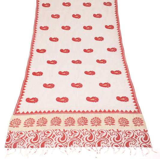 Sushila Vintage Paisley Embroidered Dupatta Art Cotton Silk Cream Long Stole