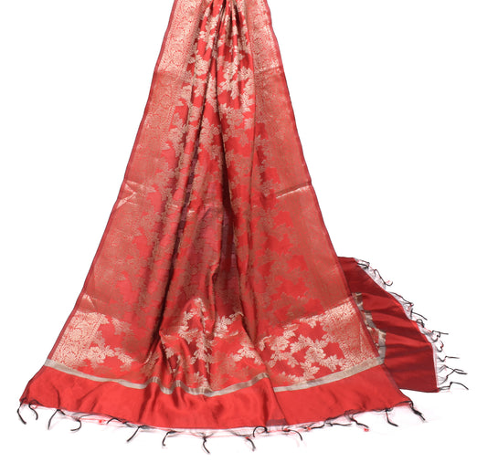 Sushila Vintage Red Banarasi Dupatta Art Silk Floral Woven Long Stole Wrap