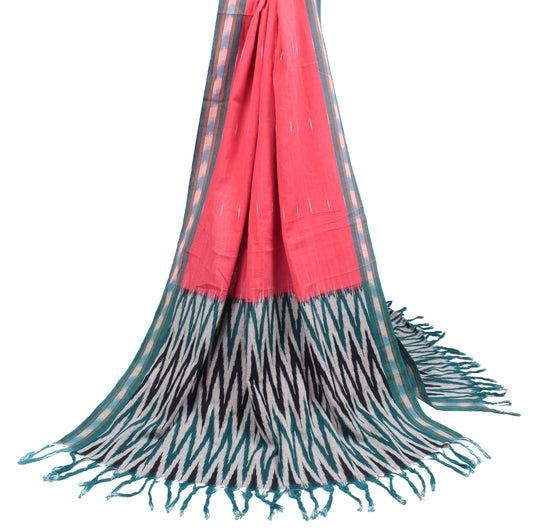 Sushila Vintage Red Green Dupatta Pure Cotton Hand Woven Ikat Long Stole