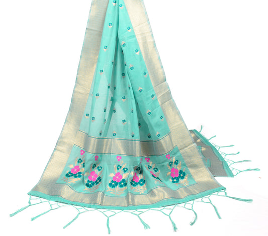 Sushila Vintage Aqua Banarasi Dupatta Art Cotton Silk Woven Floral Long Stole