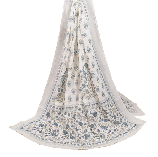 Sushila Vintage Floral White Dupatta Pure Cotton Hand Block Soft Long Stole