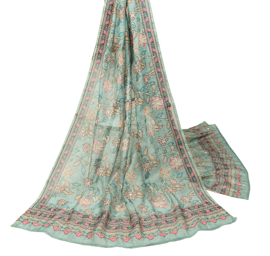 Sushila Vintage Floral Printed Dupatta Art Silk Kantha Work Long Stole