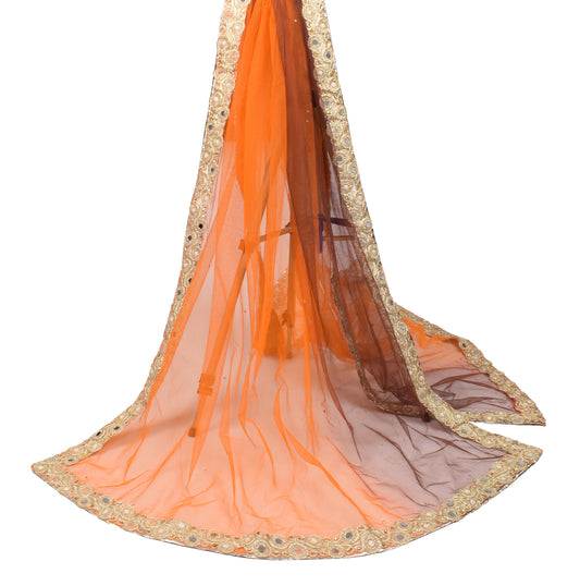 Sushila Vintage Orange Brown Net Dupatta Gold Border Mirror Work Long Stole