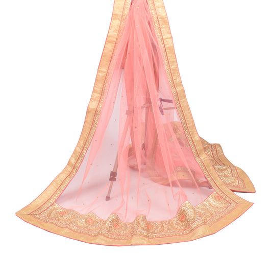 Sushila Vintage Pink Net Mesh Dupatta Golden Patch Work Wedding Long Stole