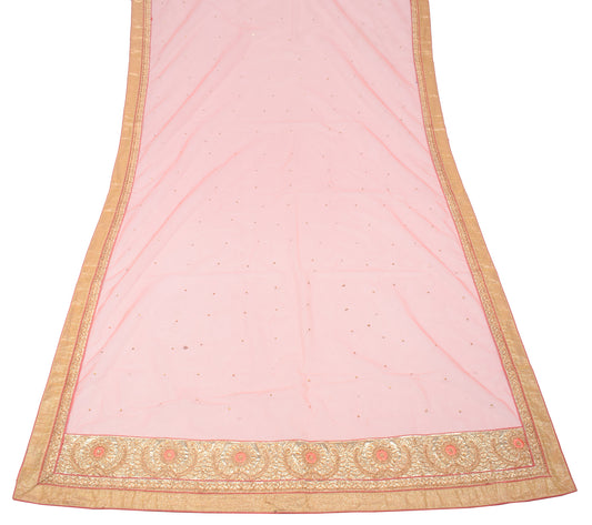Sushila Vintage Pink Net Mesh Dupatta Golden Patch Work Wedding Long Stole