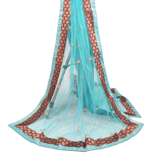 Sushila Vintage Aqua Blue Net Dupatta Pearl & Glass Beads Embellish Long Stole