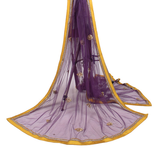 Sushila Vintage Purple Net Mesh Dupatta Hand Beaded Floral Long Stole