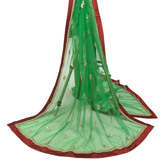 Sushila Vintage Green Net Mesh Dupatta Hand Beaded Floral Long Stole Wrap