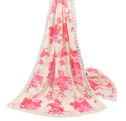 Sushila Vintage Cream Pink Dupatta Pure Silk Floral Printed Soft Long Stole