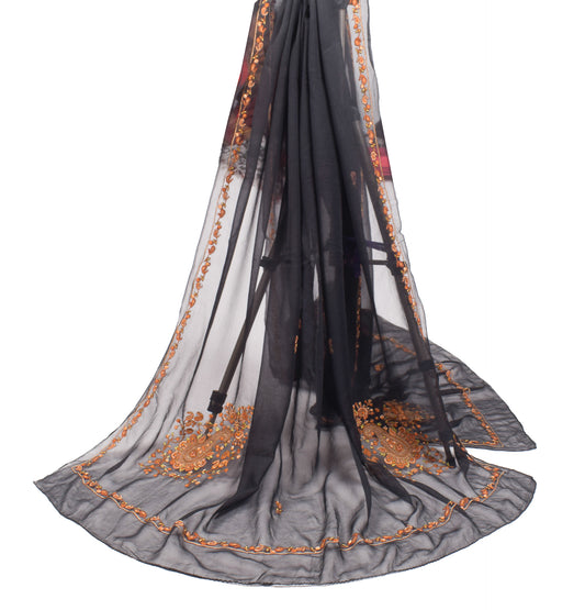Sushila Vintage Black Dupatta Pure Georgette Hand Embroidered Long Stole Wrap