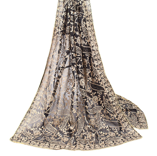 Sushila Vintage Black Dupatta Art Georgette Embroidered Long Stole Wrap