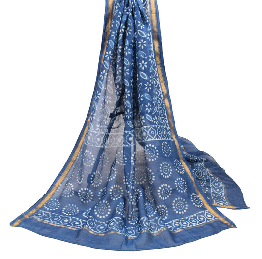 Sushila Vintage Batik Printed Dupatta Pure Cotton Silk Blue Floral Long Stole
