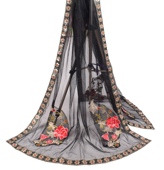 Sushila Vintage Black Net Mesh Dupatta Embroidered Applique Work Long Stole