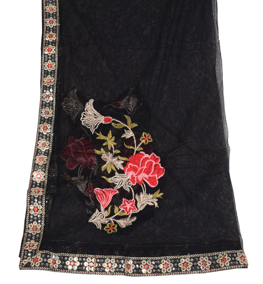 Sushila Vintage Black Net Mesh Dupatta Embroidered Applique Work Long Stole
