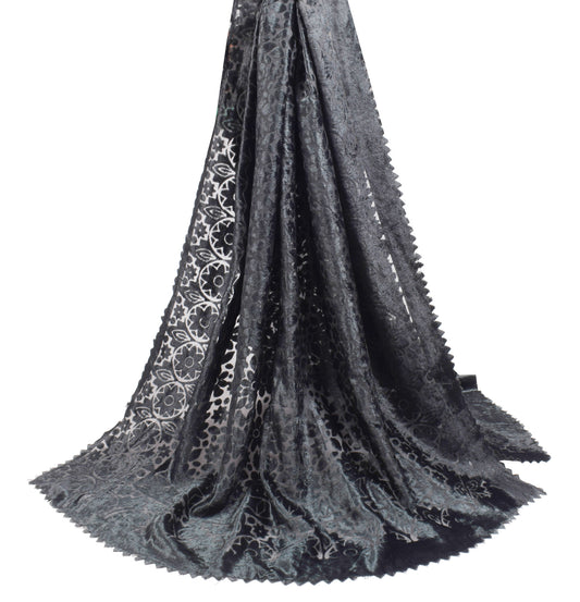 Sushila Vintage Brasso Velvet Dupatta Black Floral Woven Soft Indian Long Stole