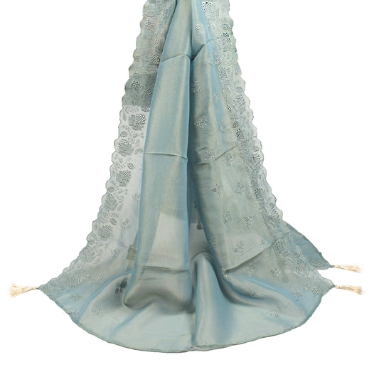 Sushila Vintage Sage Blue Dupatta Floral Embroidered Pure Tissue Long Stole
