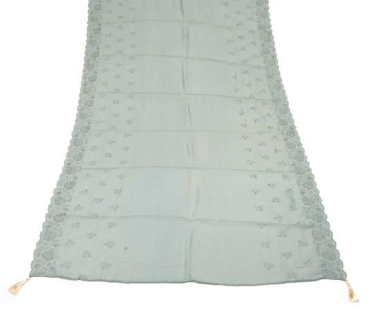 Sushila Vintage Sage Blue Dupatta Floral Embroidered Pure Tissue Long Stole