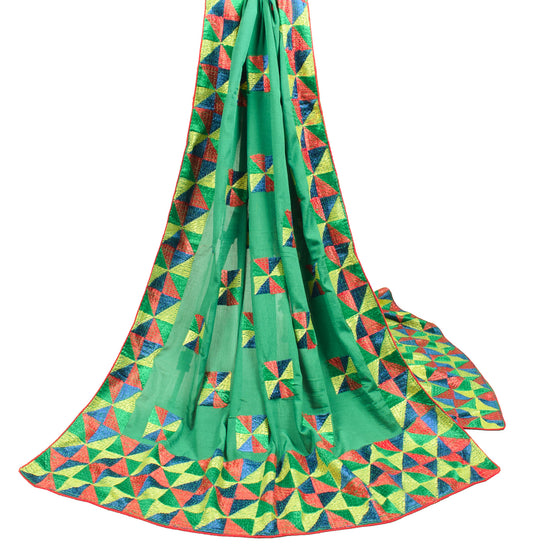 Sushila Vintage Green Bagh Phulkari Dupatta Art Chiffon Embroidered Long Stole