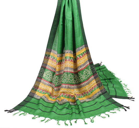 Sushila Vintage Pure Woolen Dupatta Green Hand Printed Soft Shawl Long Stole