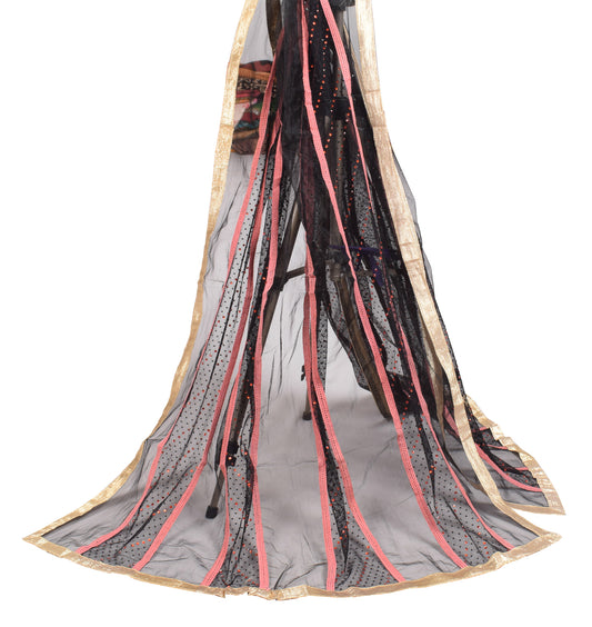 Sushila Vintage Black Net Mesh Dupatta Beaded Rhine Stone Bollywood Long Stole