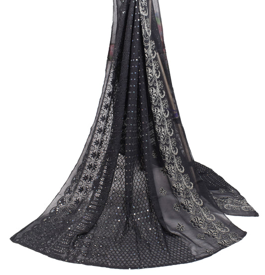 Sushila Vintage Floral Black Dupatta Cutwork Embroidered Pure Chiffon Long Stole Hijab