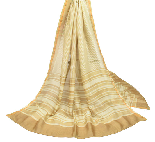 Sushila Vintage Stripes Hand Printed Dupatta Pure Cotton Silk Beige Long Stole