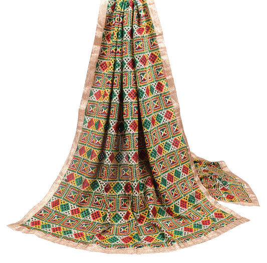 Sushila Vintage Black HEAVY Dupatta Multi-Color Embroidered Phulkari Art Silk Long Stole