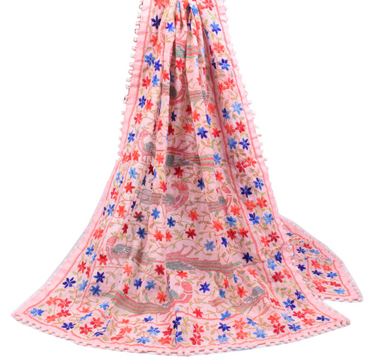 Sushila Vintage Pink Heavy Dupatta Art Cotton Silk Handmade Embroidered OOAK Long Stole