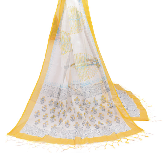 Sushila Vintage White Floral Dupatta Pure Cotton Silk Hand Block Long Stole