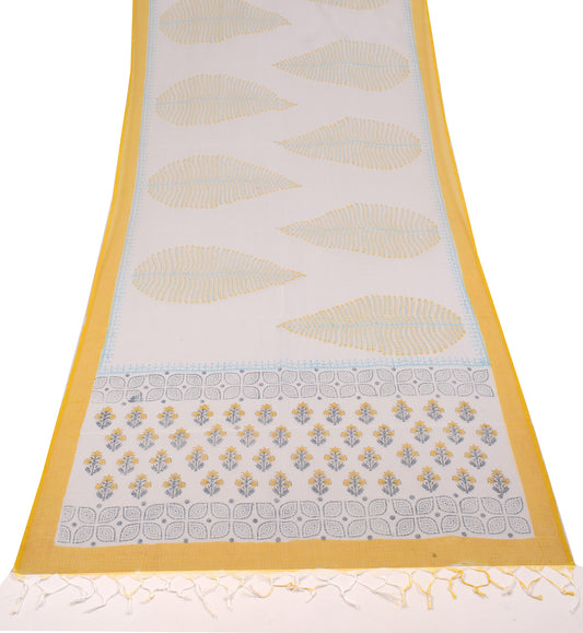 Sushila Vintage White Floral Dupatta Pure Cotton Silk Hand Block Long Stole