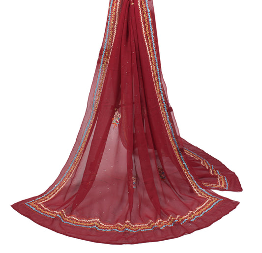 Sushila Vintage Maroon Embroidered Dupatta Pure Georgette Floral Long Stole Veil