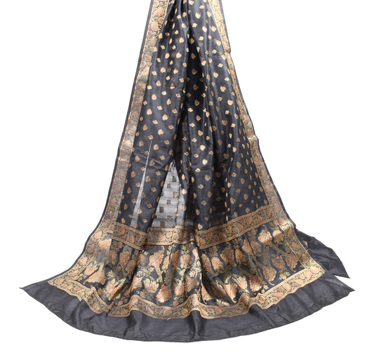 Sushila Vintage Black Dupatta Gold Zari Brocade Art Silk Long Stole Hijab