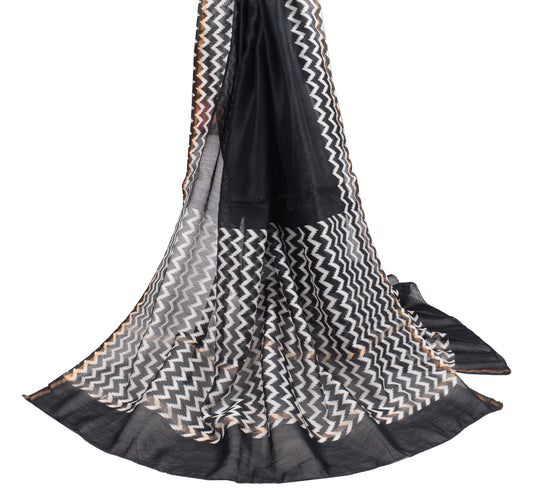 Sushila Vintage Black White Dupatta Pure Cotton Silk Hand Printed Long Stole