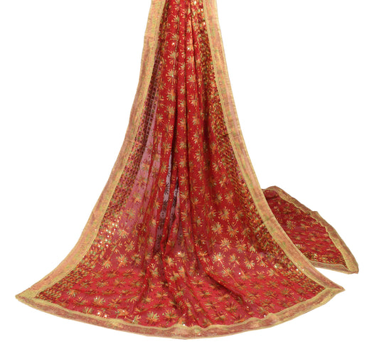 Sushila Vintage Bagh Phulkari Dupatta Art Chiffon Red Embroidered Long Stole