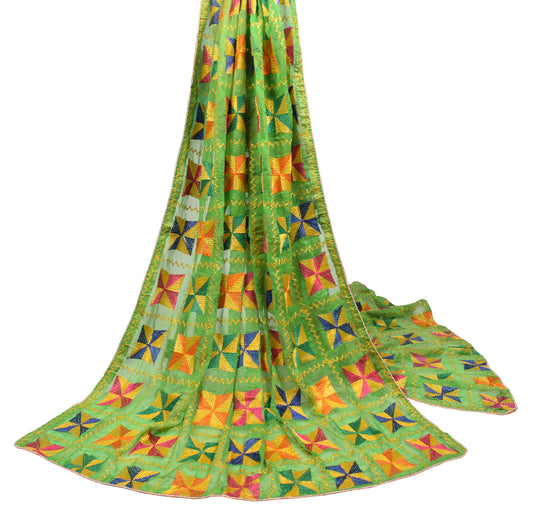 Sushila Vintage Embroidered Green Dupatta Bagh Phulkari Art Chiffon Long Stole