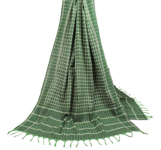 Sushila Vintage Green Dupatta Checks Hand Woven Pure Cotton Long Stole