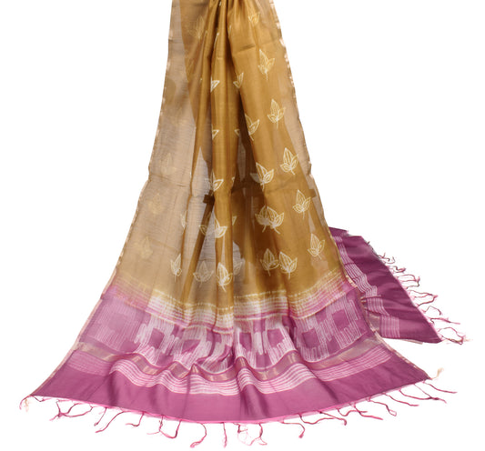 Sushila Vintage Golden Brown Dupatta Leaf Printed Pure Cotton Silk Long Stole