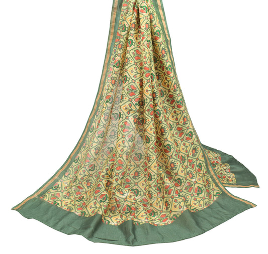 Sushila Vintage Yellow Dupatta Khandar Ikat Print Pure Cotton Silk Long Stole