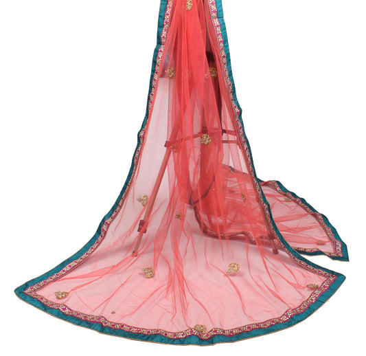 Sushila Vintage Carrot Pink Dupatta Net Mesh Hand Beaded Bridal Long Stole