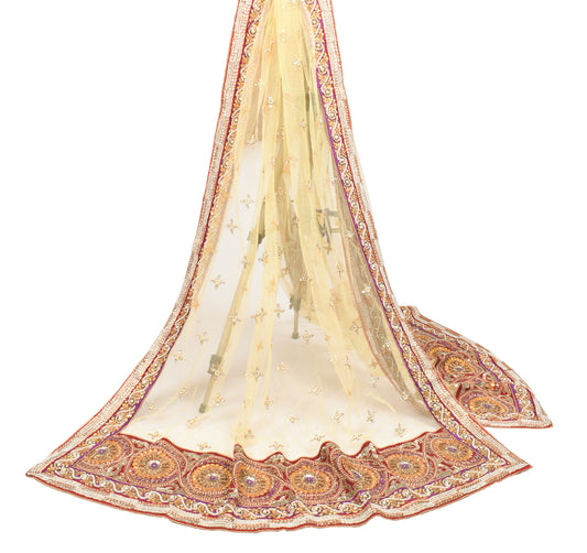 Sushila Vintage Yellow Net Dupatta Pearls & Polki Kundan HEAVY Work Long Stole