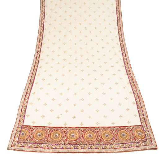 Sushila Vintage Yellow Net Dupatta Pearls & Polki Kundan HEAVY Work Long Stole
