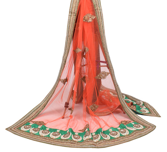 Sushila Vintage Net Orange Heavy Dupatta Pearls & Polki Kundan Work Long Stole