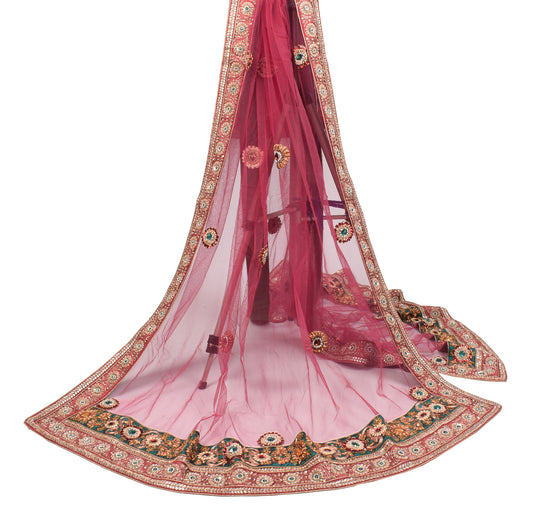 Sushila Vintage Berry Heavy Dupatta Pearls & Polki Kundan Work Net Long Stole