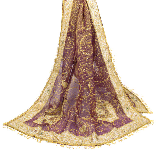 Sushila Vintage Purple Art Tissue Heavy Dupatta Zardozi/Dabka Work Bridal Long Stole