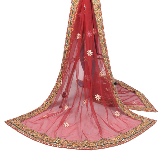 Sushila Vintage Pearl Stone Work Heavy Dupatta Net Mesh Red Wedding Long Stole